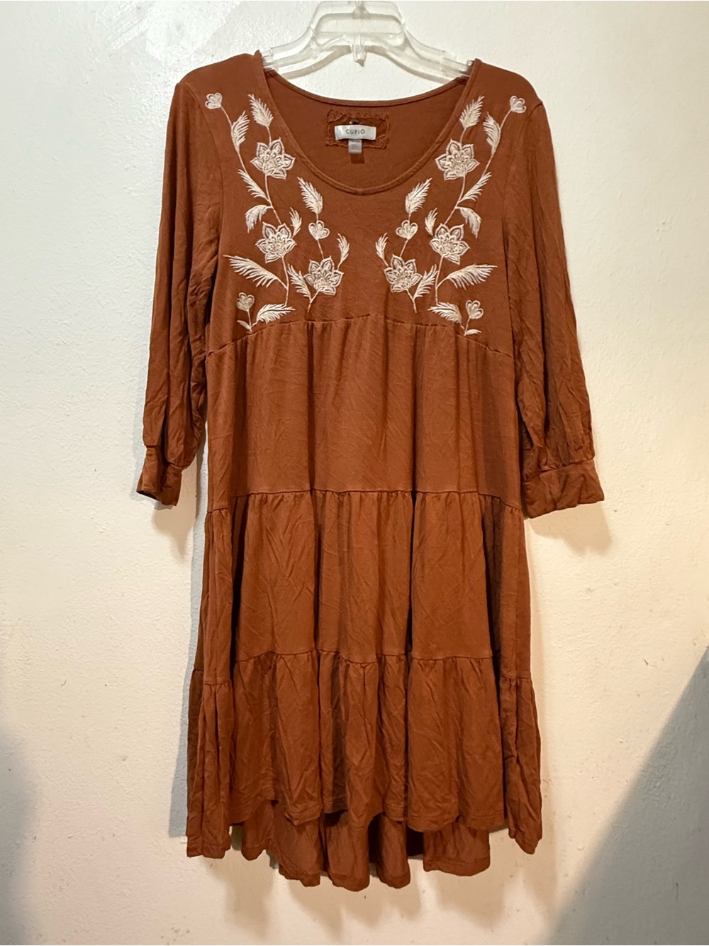 Cupio Rust Embroidered Tiered Long-Sleeve Dress Size Small